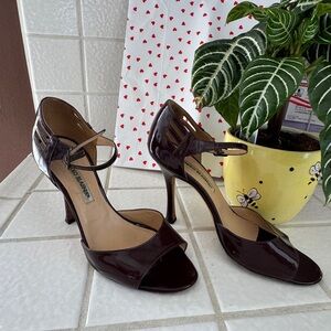 Manolo Blahnik Dark Brown Patent Leather Open-Toe Ankle Strap Heels